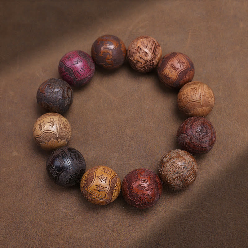 KarmaRipple's Carving Sandalwood Chinese Zodiac Auspicious Dragon Phoenix Fu Character Balancing Bracelet p34