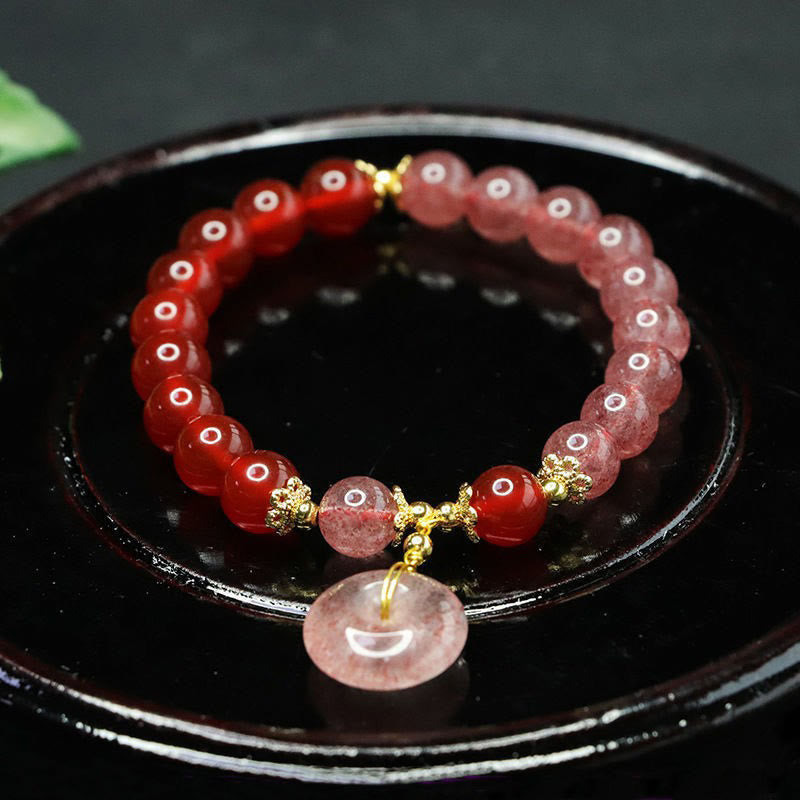 KarmaRipple's Strawberry Quartz Red Agate Peace Buckle Positive Fortune Bracelet p1