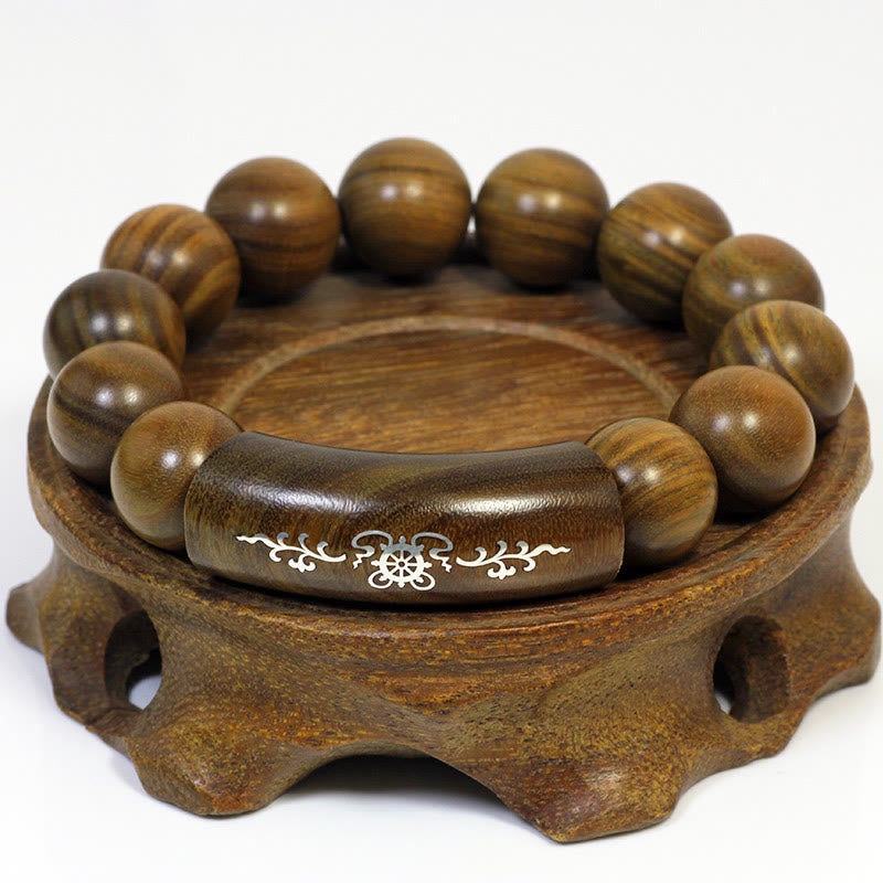 KarmaRipple's 999 Sterling Silver Green Sandalwood Om Mani Padme Hum Dragon Phoenix Dharmachakra Inlaid Peace Bracelet p33