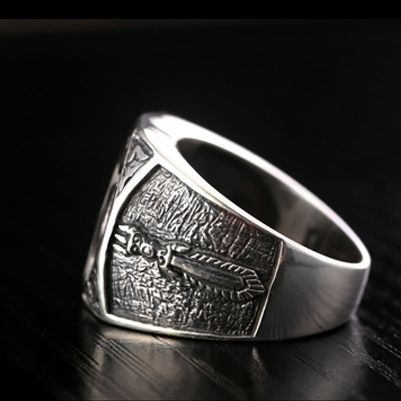 KarmaRipple's 925 Sterling Silver Sanskrit'sign Carved Protection Adjustable Ring p10