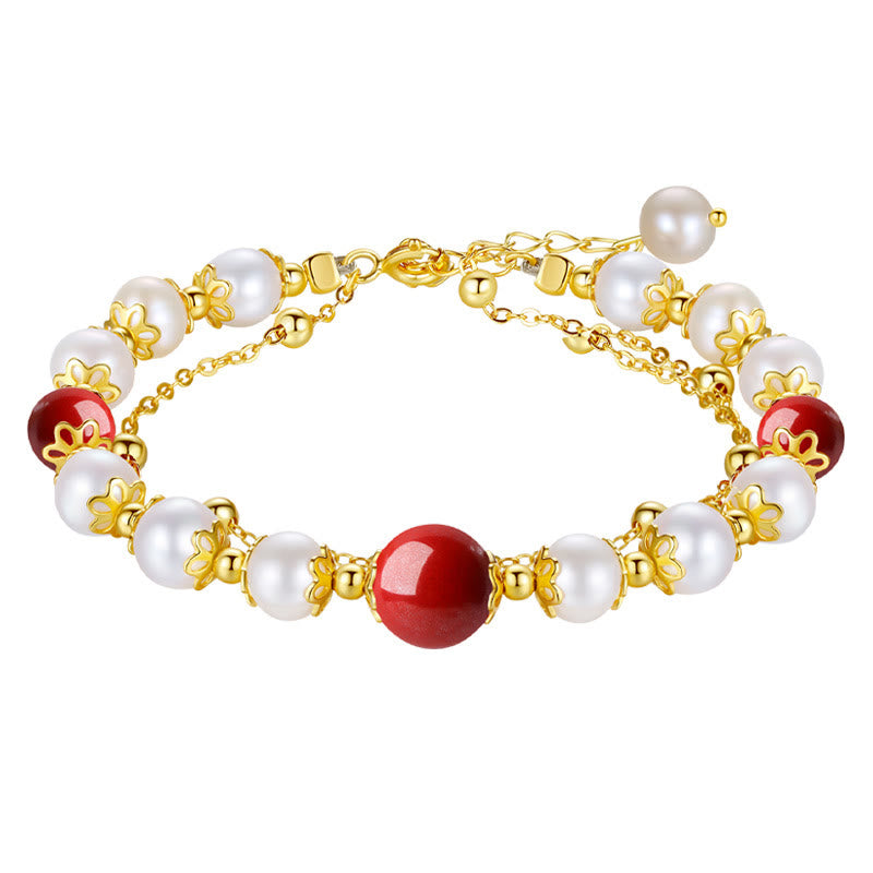 KarmaRipple's 925 Sterling Silver Pearl Cinnabar Wisdom Bead Double Layer Chain Bracelet p10