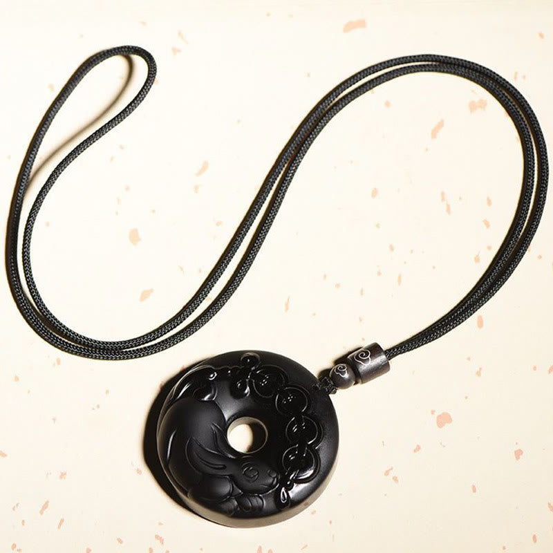 KarmaRipple's Chinese Zodiac Authentic Black Obsidian Peace Buckle Strength Pendant Necklace p17