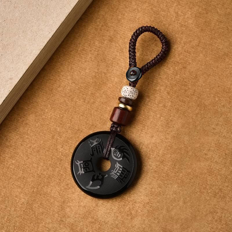 KarmaRipple's Black Obsidian Taoism Five Sacred Mountains Carved Strength Peace Buckle Pendant Necklace Key Chain Phone Hanging Decoration p6