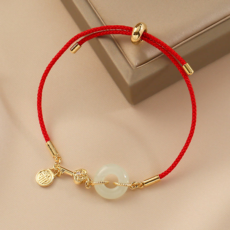 KarmaRipple's 18K Gold Plated Hetian Jade Peace Buckle Fu Character Fortune Red Rope Bracelet p7