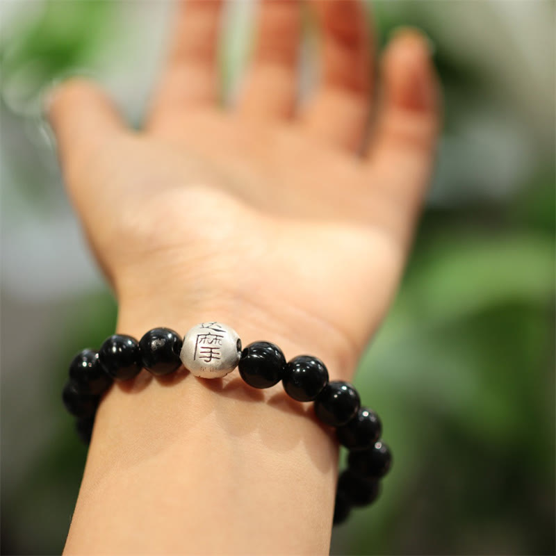 KarmaRipple's 925 Sterling Silver Black Onyx Bead Character Engraved Protection Bracelet p4