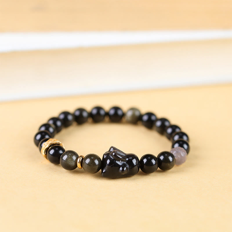 KarmaRipple's Gold Sheen Obsidian Black Obsidian Silver Sheen Obsidian Cute Rabbit Protection Bracelet p1
