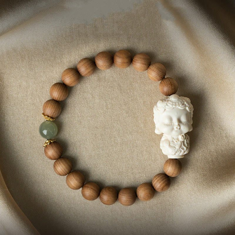 KarmaRipple's Sandalwood Hetian Jade Ivory Fruit Green Tara Protection Bracelet p3