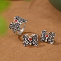 KarmaRipple's 925 Sterling Silver Red Agate Butterfly Self-acceptance Ring Earrings Set