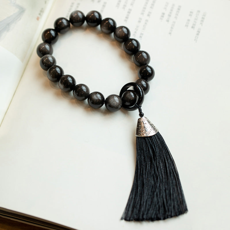 KarmaRipple's Authentic Silver Sheen Obsidian Black Obsidian Lion Wrist Mala Protection Tassels Pocket Mala Car Decoration p1