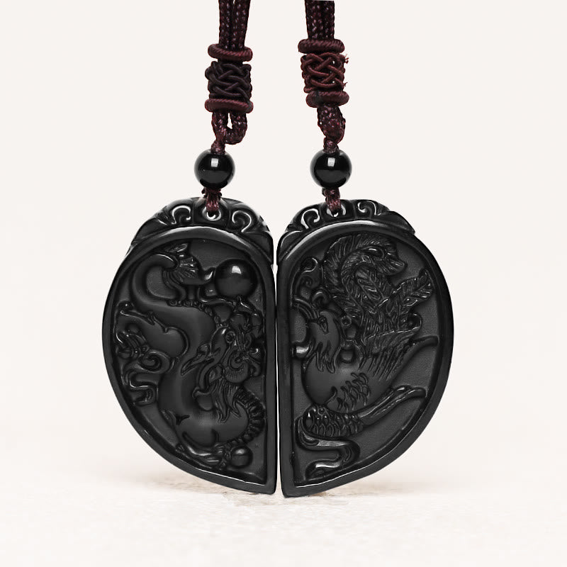 KarmaRipple's Black Obsidian Love Dragon Phoenix Protection Pendant Necklace p2