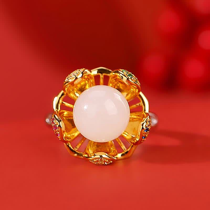 KarmaRipple's 925 Sterling Silver Ivory Jade Cyan Jade Lotus Flower Success Ring p5