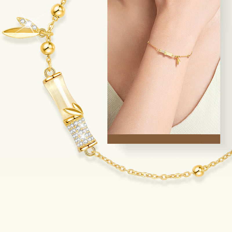 KarmaRipple's 925 Sterling Silver 18K Gold Plated Ivory Jade Bamboo Zircon Leaf Fortune Bracelet p10