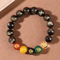 KarmaRipple's Gold Sheen Obsidian Rainbow Obsidian Black Obsidian Five Directions Gods of Wealth Bracelet