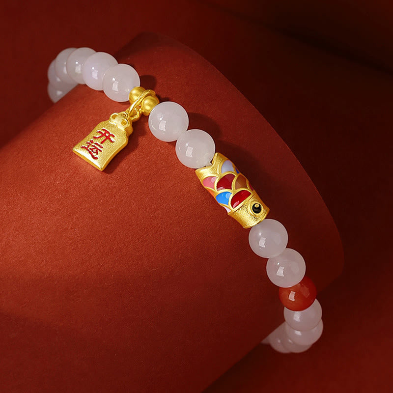 KarmaRipple's 925 Sterling Silver Hetian Ivory Jade Red Agate Koi Fish Fortune Happiness Bracelet p2