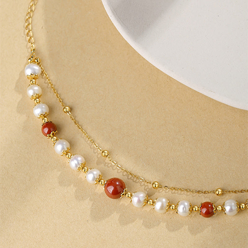 KarmaRipple's 925 Sterling Silver Pearl Cinnabar Wisdom Bead Double Layer Chain Bracelet p4