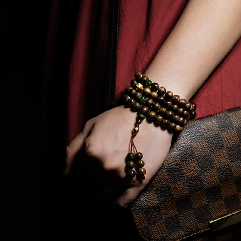 KarmaRipple's 999 Gold 108 Mala Beadwork Kalimantan Agarwood Cyan Jade Six True Words Strength Bracelet p6