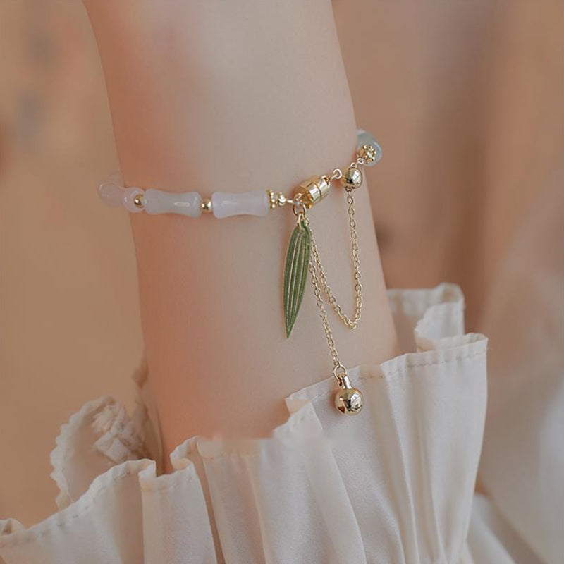 KarmaRipple's 14K Gold Plated Hetian Ivory Jade Bamboo Leaf Fortune Protection Bracelet p3