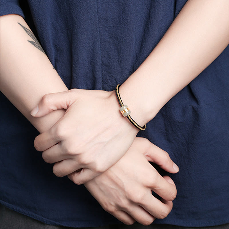 KarmaRipple's 999 Gold Hetian Ivory Jade Om Mani Padme Hum Fu Character Fortune Woven Bracelet p12