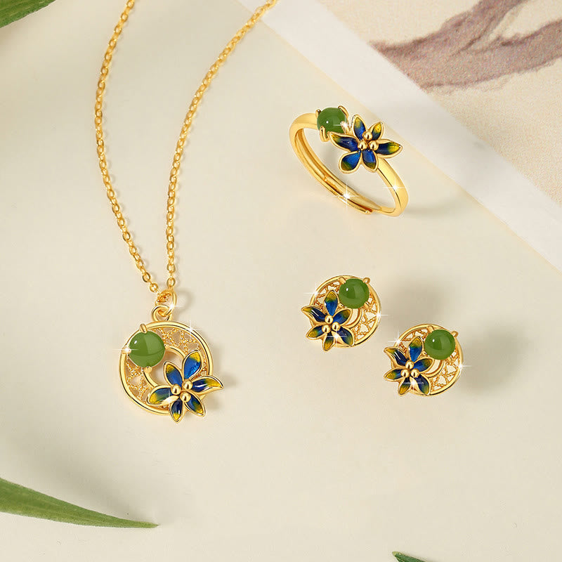 KarmaRipple's 925 Sterling Silver Authentic Hetian Cyan Jade Flower Fortune Pendant Necklace Ring Earrings Set p1