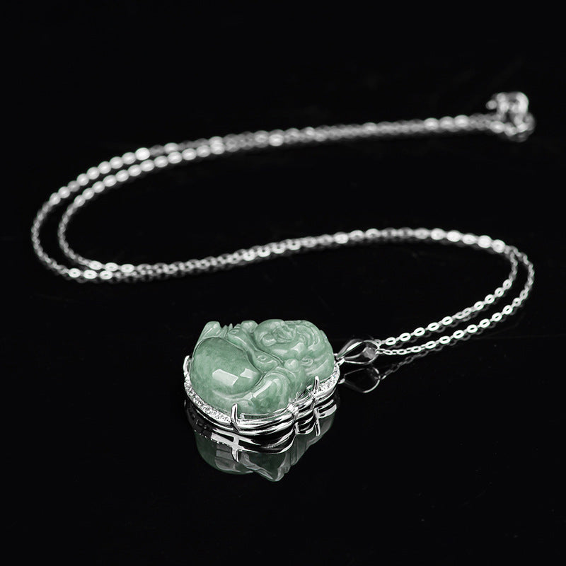 KarmaRipple's 925 Sterling Silver Laughing Buddha Jade Abundance Pendant Chain Necklace p10