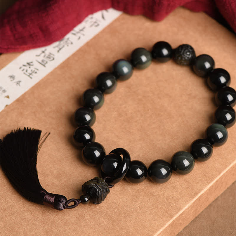 KarmaRipple's Authentic Black Obsidian Lion Wrist Mala Protection Tassels Pocket Mala Car Decoration p4