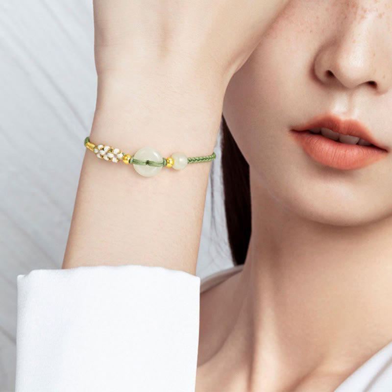 KarmaRipple's Hetian Jade Peace Buckle Fortune Peach Blossom Woven Bracelet p5
