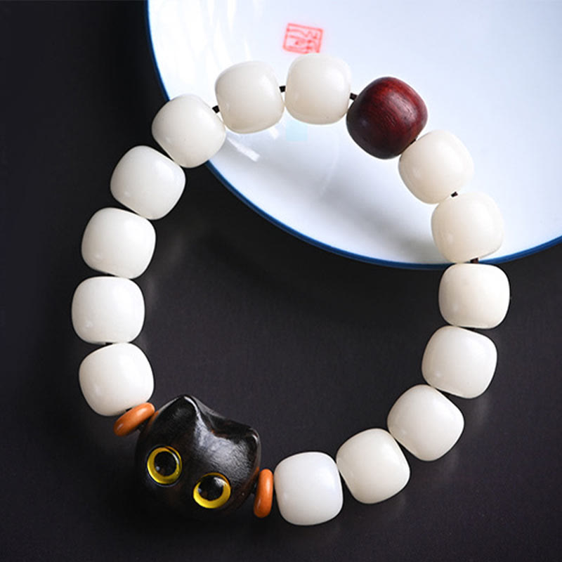 KarmaRipple's Authentic Bodhi Seed Small Leaf Red Sandalwood Ebony Wood Cute Fortunate Cat Wisdom Bracelet p5