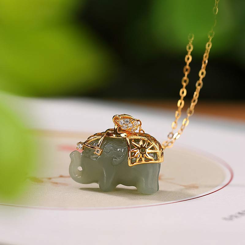 KarmaRipple's 925 Sterling Silver Jade Elephant Blessing Fortune Pendant Chain Necklace p2
