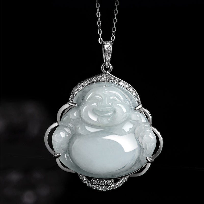 KarmaRipple's 925 Sterling Silver Laughing Buddha Authentic Jade Abundance Pendant Necklace p4
