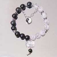 KarmaRipple's Silver Sheen Obsidian Crackle Clear Quartz Black Rutilated Quartz Yin Yang Lotus Protection Bracelet