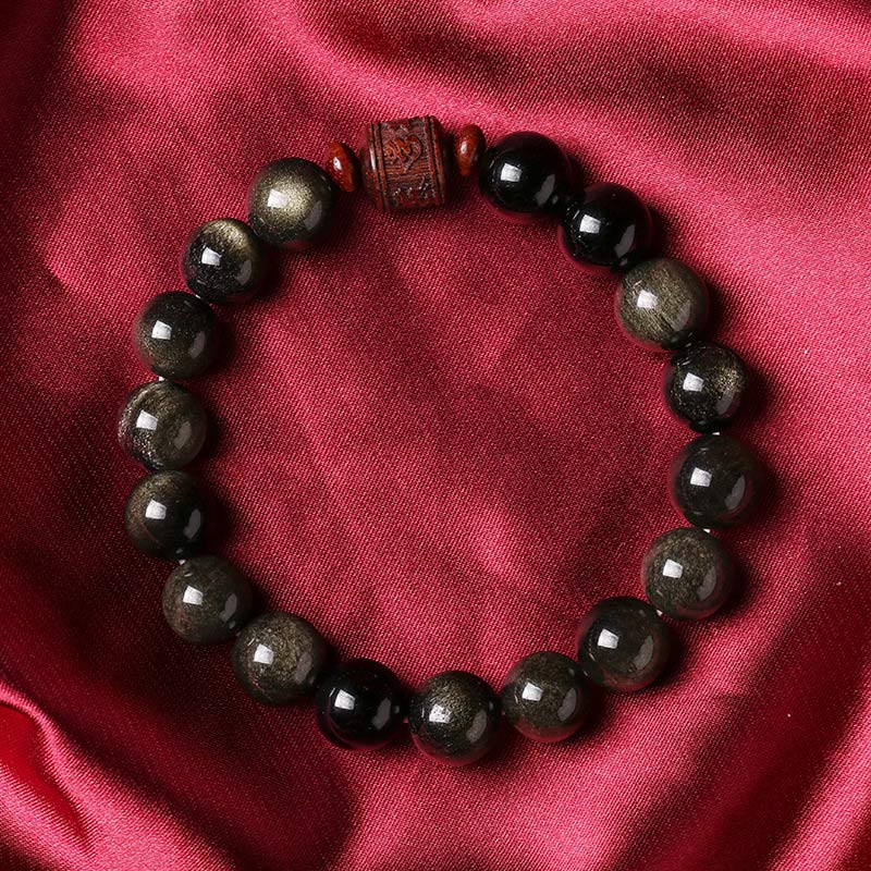 KarmaRipple's Authentic Gold Sheen Obsidian Rainbow Obsidian Om Mani Padme Hum Fu Character Balancing Bracelet p16