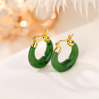 KarmaRipple's 925 Sterling Silver Plated Gold Authentic Round Hetian Cyan Jade Fortune Drop Earrings