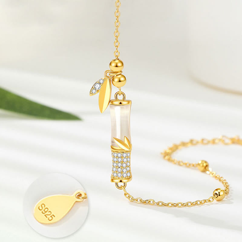 KarmaRipple's 925 Sterling Silver 18K Gold Plated Ivory Jade Bamboo Zircon Leaf Fortune Bracelet p5