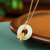 KarmaRipple's 925 Sterling Silver Hetian Jade Peace Buckle Flower Fortune Pendant Necklace