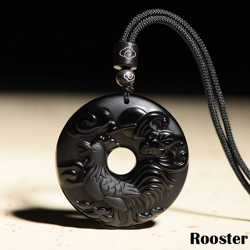 KarmaRipple's Chinese Zodiac Authentic Black Obsidian Peace Buckle Strength Pendant Necklace p10