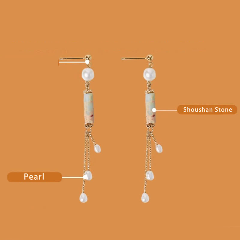 KarmaRipple's 925 Sterling Silver Posts Shoushan Stone Pearl Balancing Drop Earrings p9