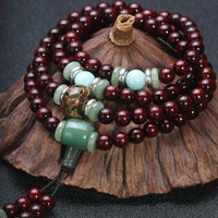 KarmaRipple's 108 Beadwork Small Leaf Red Sandalwood Green Aventurine Amazonite Fortune Balancing Bracelet Mala