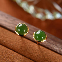 KarmaRipple's 925 Sterling Silver Plated Gold Authentic Hetian Cyan Jade Bead Fortune Stud Earrings