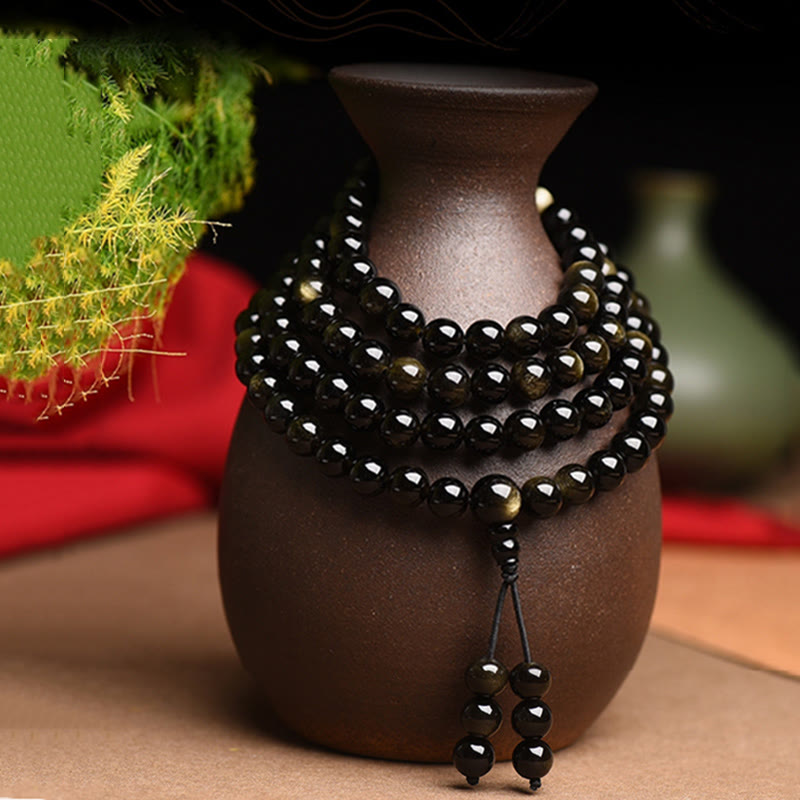 KarmaRipple's 108 Mala Beadwork Authentic Gold Sheen Obsidian Wealth Bracelet p1