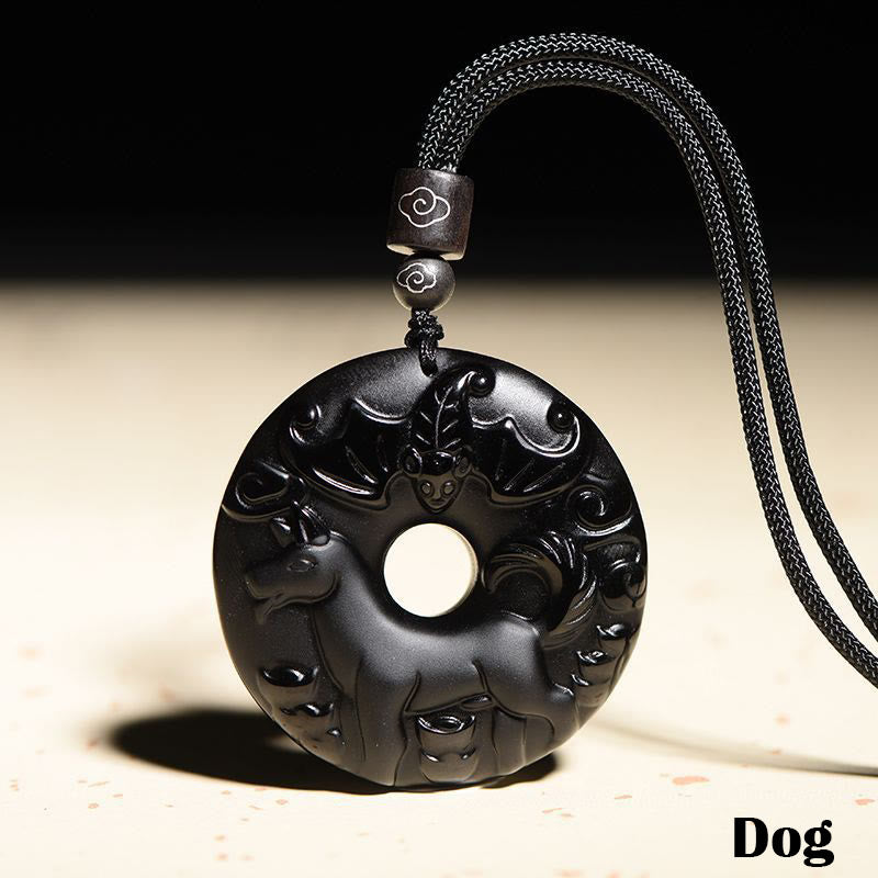 KarmaRipple's Chinese Zodiac Authentic Black Obsidian Peace Buckle Strength Pendant Necklace p11