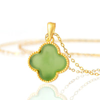 KarmaRipple's 925 Sterling Silver Authentic Hetian Jade Fortune Four Leaf Clover Pendant Necklace