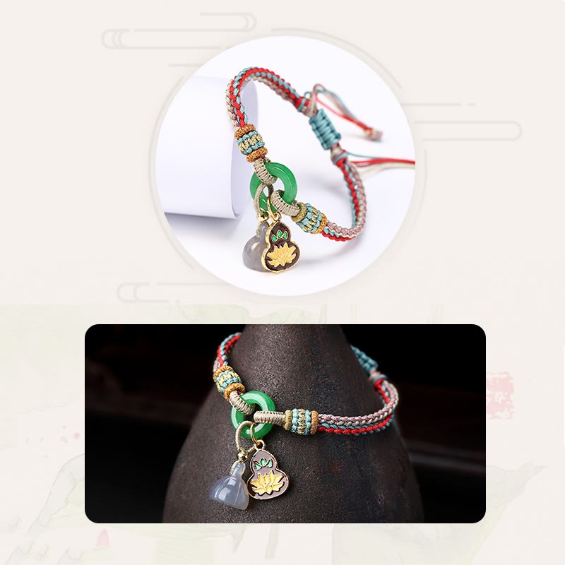KarmaRipple's Colorful Rope Chalcedony Lotus Jade Peace Buckle Balance Gourd Talisman Bracelet p8