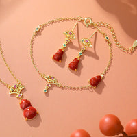 KarmaRipple's 925 Sterling Silver Red Agate Gourd Auspicious Clouds Confidence Bracelet Pendant Necklace Earrings Set