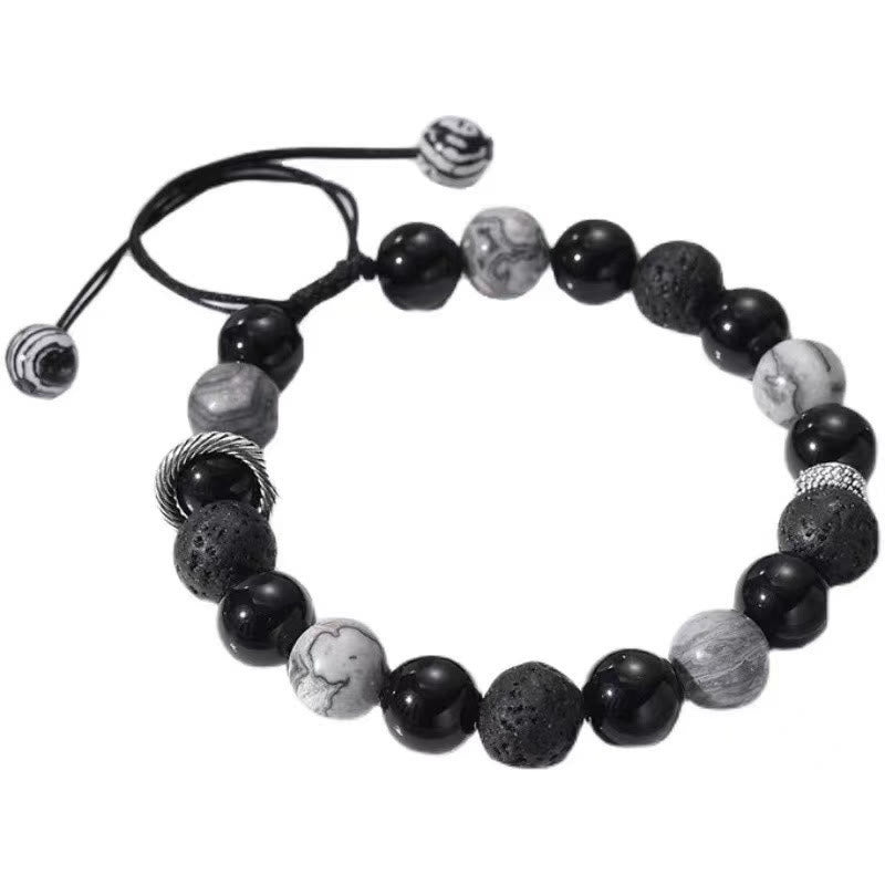 KarmaRipple's Vintage Lava Rock Black Obsidian Picasso Jasper Beadwork Support Rope Bracelet p9