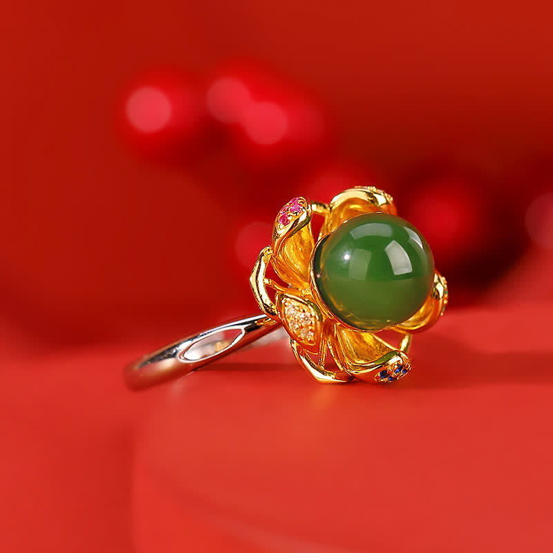 KarmaRipple's 925 Sterling Silver Ivory Jade Cyan Jade Lotus Flower Success Ring p11