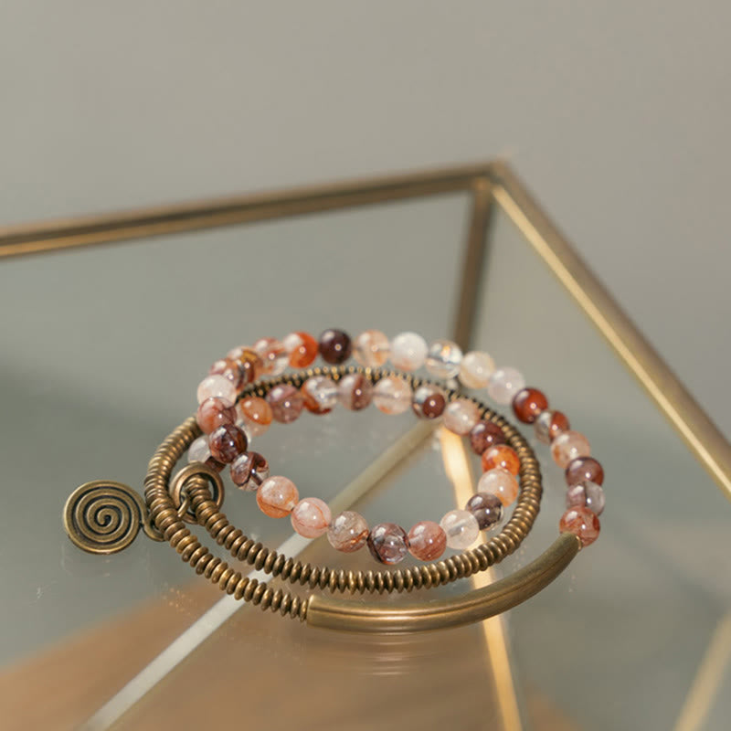 KarmaRipple's Purple Phantom Red Hematoid Quartz Green Rutilated Quartz Bronze Love Forgive Bracelet p36