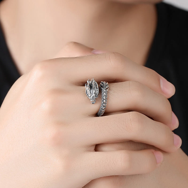 KarmaRipple's 925 Sterling Silver Vintage Dragon Success Protection Strength Adjustable Ring p8