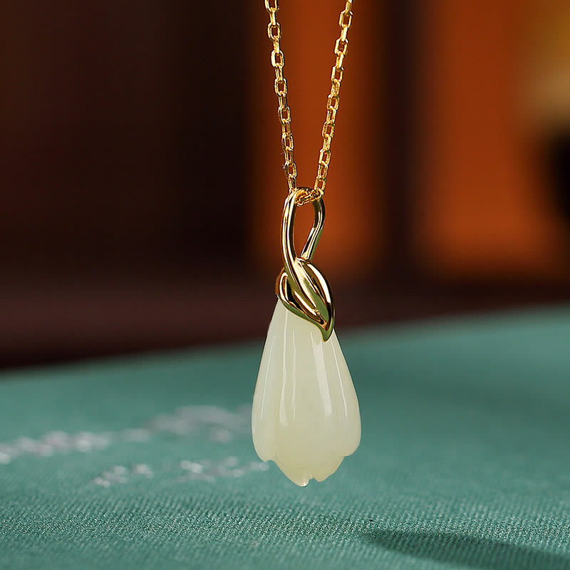 KarmaRipple's 925 Sterling Silver Plated Gold Authentic Hetian Jade Magnolia Flower Abundance Pendant Necklace p11