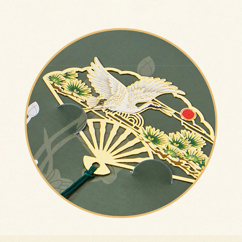 KarmaRipple's Traditional Butterfly Lotus Flower Crane Dragon Phoenix Fox Koi Fish New Beginning Metal Brass Hollow Fan Bookmarks p21