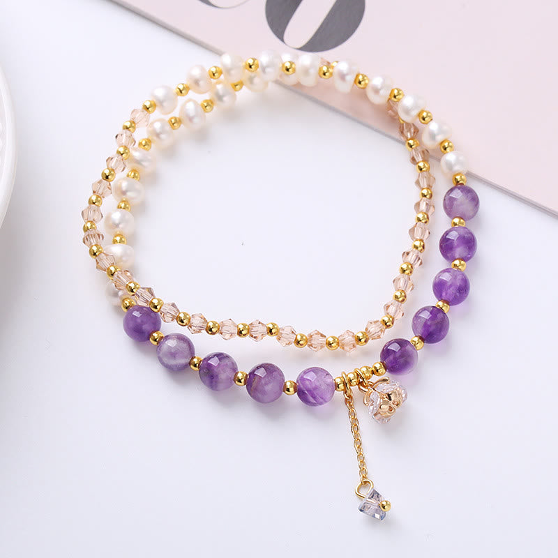 KarmaRipple's Authentic Amethyst Aquamarine Strawberry Quartz Pearl Peace Balancing Double Wrap Bracelet p6